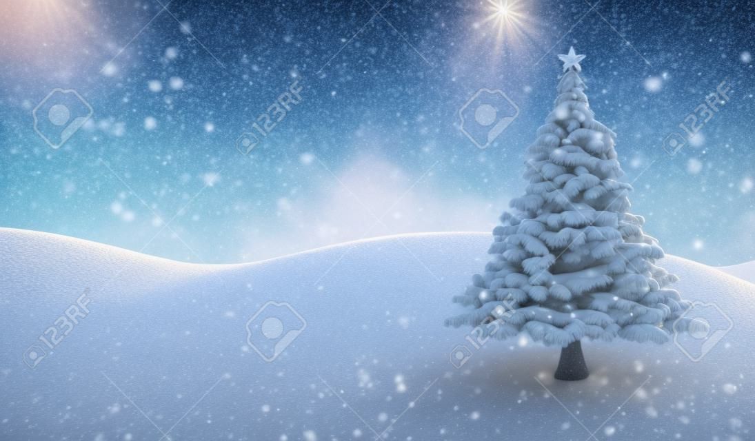 Winter scene with Christmas tree - 3D render