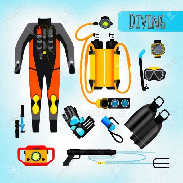 Equipo de buceo. Máscara y snorkel, tanques de oxígeno y traje de neopreno. Ilustración vectorial