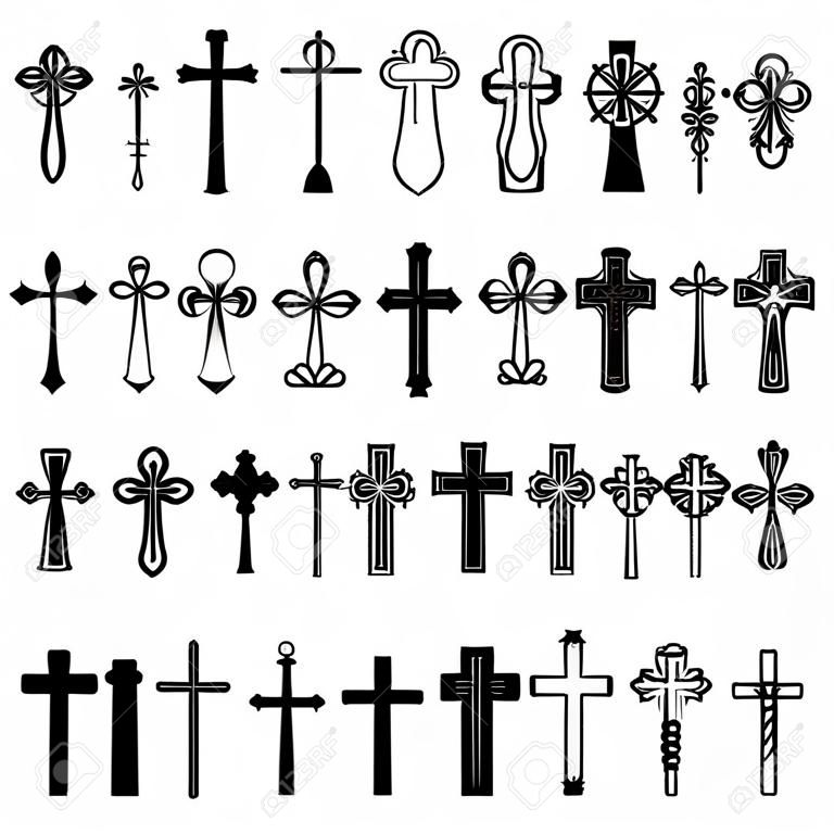 Христианский крест иконы. Вектор линия черный христианский крест набор на белом фоне