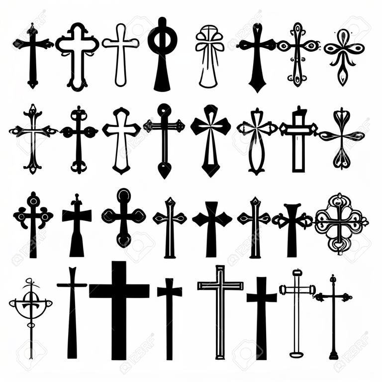 Icone croce cristiana. La linea nera cristiana di vettore attraversa l'insieme su fondo bianco