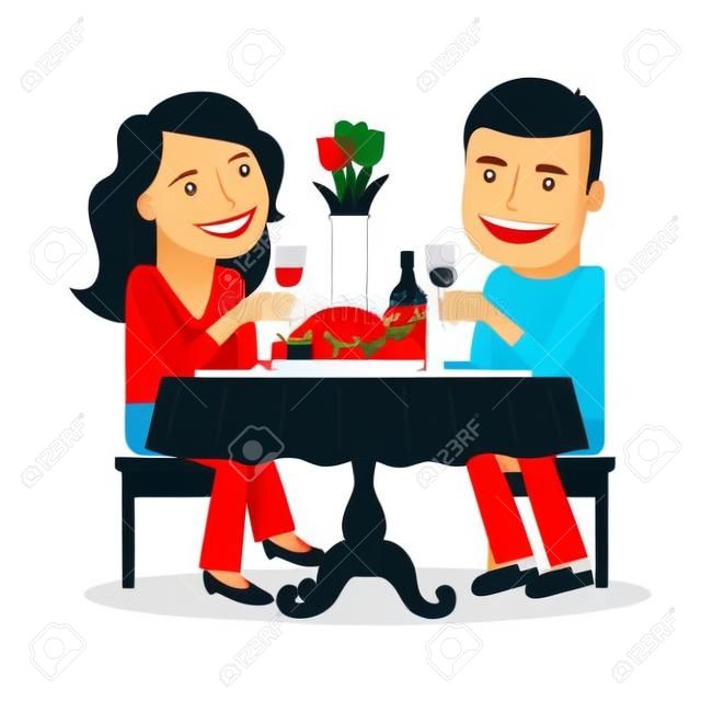 Couple having dinner in a restaurant. Romantic date colorful icon on white background. Vector illustration