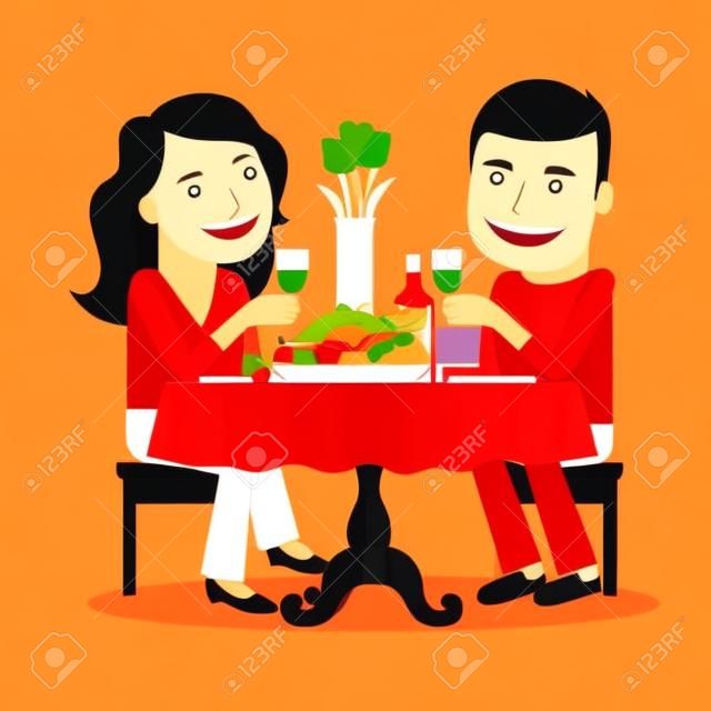 Para posiadające obiad w restauracji. Romantyczna randka kolorowe ikony na białym tle. ilustracji wektorowych