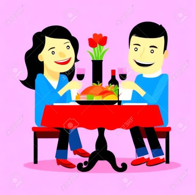 有在餐廳用餐的情侶。在白色背景浪漫的約會彩色圖標。矢量插圖