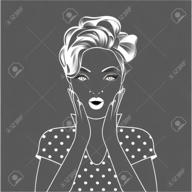 Black line art donna faccia con la bocca aperta. illustrazione di vettore