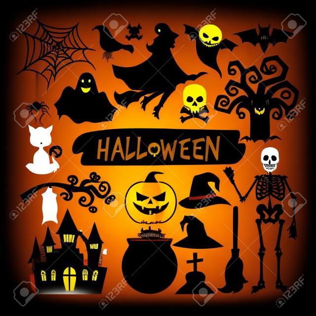 Хэллоуин черные силуэты. Счастливый Хэллоуин вектор ночь значки, летучая мышь и скелет, сова и призрак
