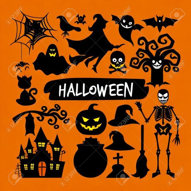 Halloween black silhouettes. Happy halloween vector night icons, bat and skeleton, owl and ghost