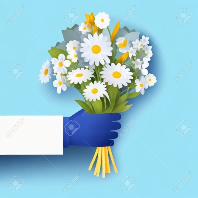 Bouquet in businessman hand isolated on white. Man holding and giving vector gift flowers daisies, tulips and cornflowers
