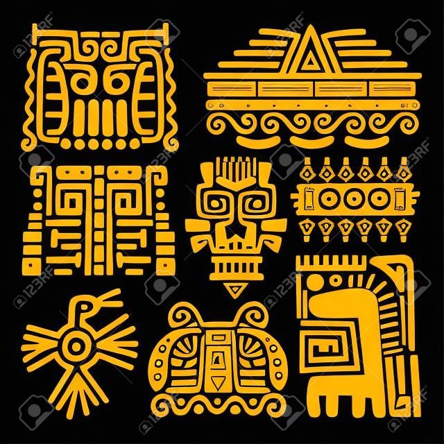 American golden ancient totems on black background, vector illustration
