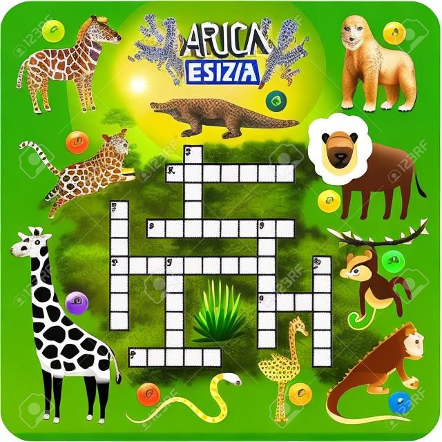 Crossword africa animals. Kids zoo african crossword for school children, words searching game