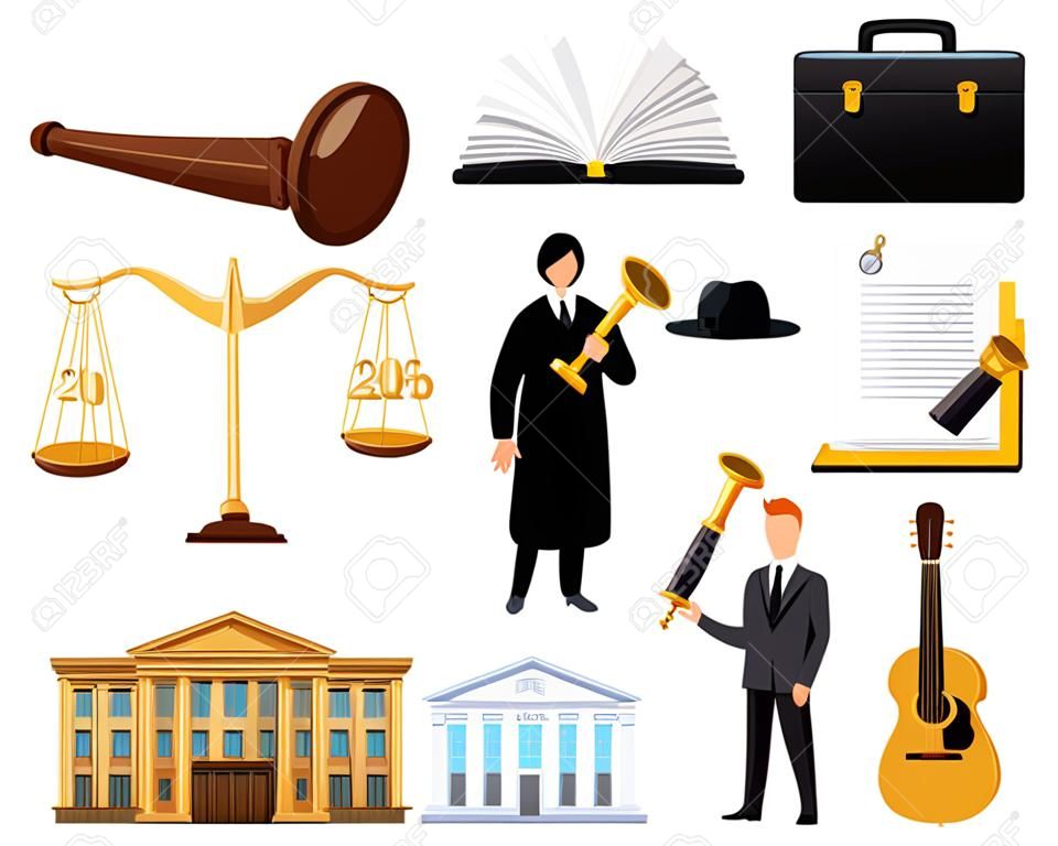 Gerichtsstand und Gesetz Cartoon Elemente
