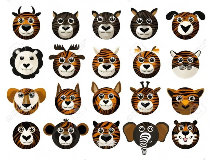 Animal emoticons. Horse and zebra heads, monkey and dog face icons, tiger and elephant funny friend cartoon pack isolated on white, vector illustration