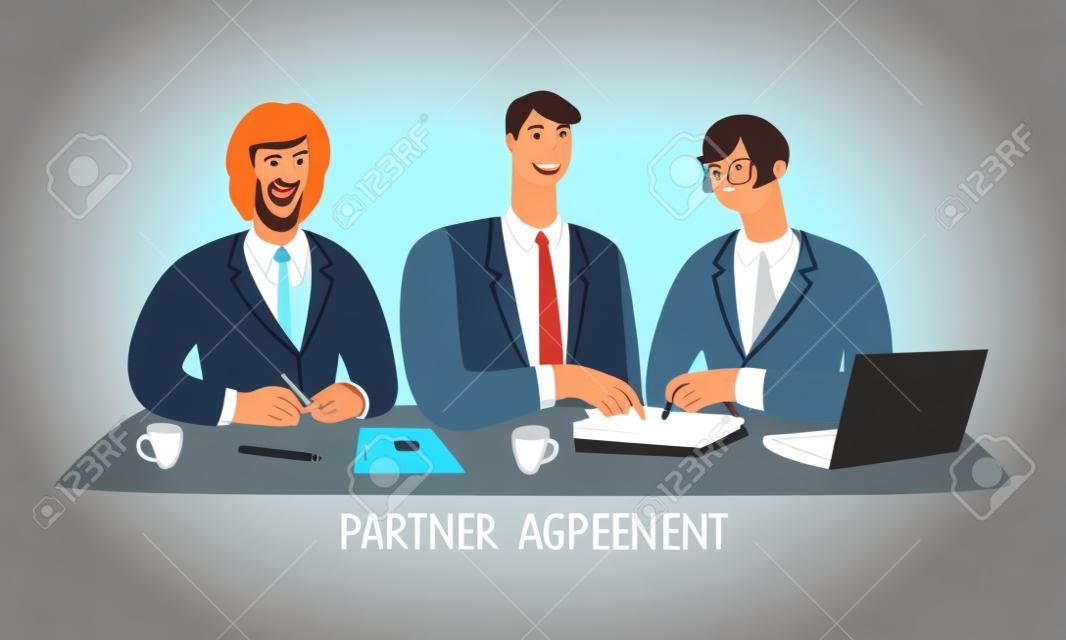 Partner agreement. Partnership business contract signing negotiating table, business people partnering deal, legal agreement concept, vector illustration