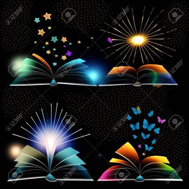 Zwarte boeken silhouetten met vliegende vlinders, sterren en zonnestraal, vector illustratie