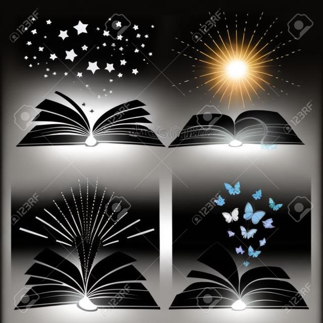 Siluetas de libros negros con mariposas voladoras, estrellas y rayos de sol, ilustración vectorial