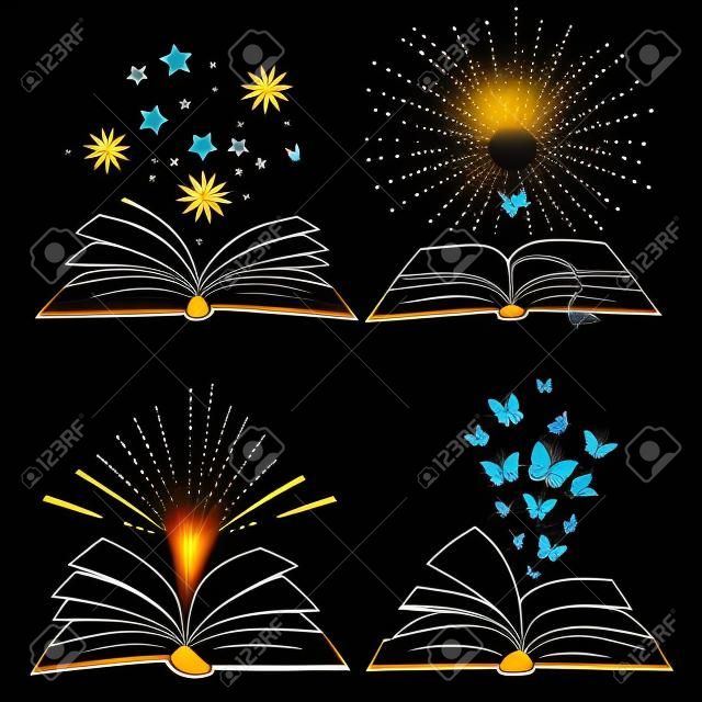 Silhuetas de livros pretos com borboletas voadoras, estrelas e sunburst, ilustração vetorial