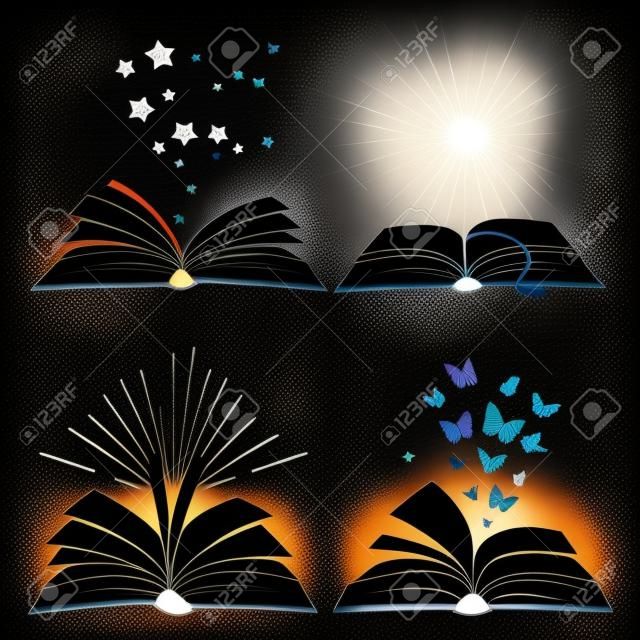 Silhuetas de livros pretos com borboletas voadoras, estrelas e sunburst, ilustração vetorial