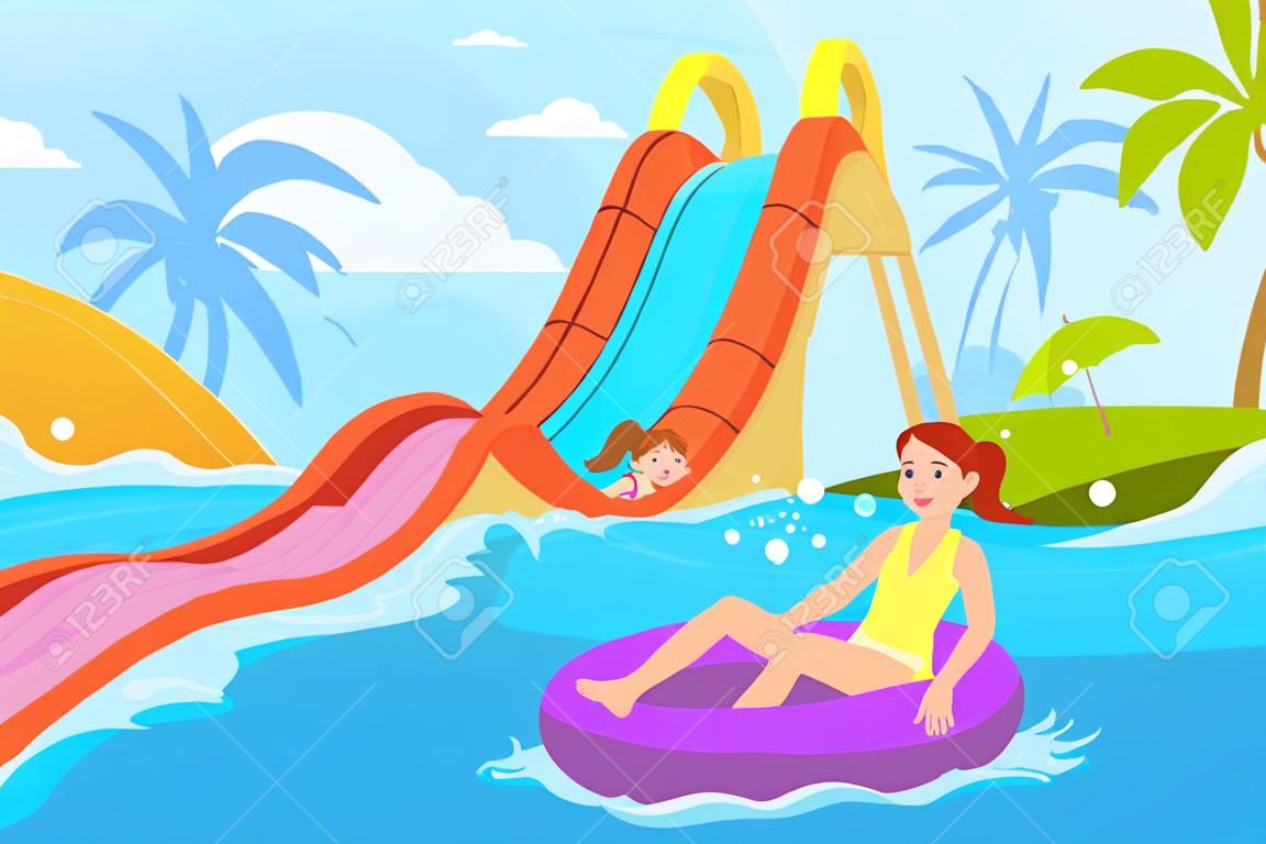 Kids ride waterslide. Boy girl sliding on aquapark tube inflatable slide or boat, extreme water rides child play pool splash children fun recreation