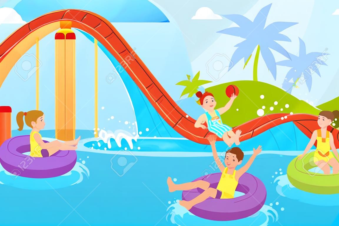 Kids ride waterslide. Boy girl sliding on aquapark tube inflatable slide or boat, extreme water rides child play pool splash children fun recreation