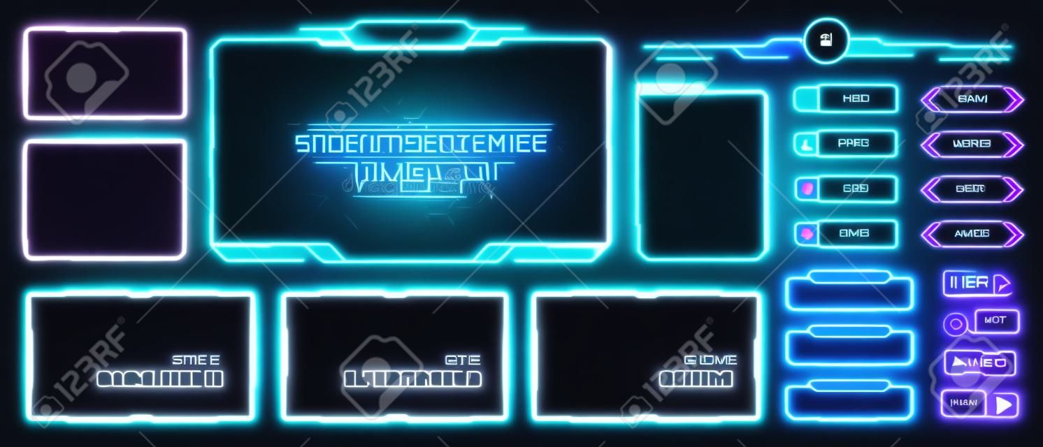 Game stream frames. Glow thema voor live conferentie van gaming streamers, Hud frame twitch streaming media gamer uitzending webcam digitale doos video scherm, garish vector illustratie