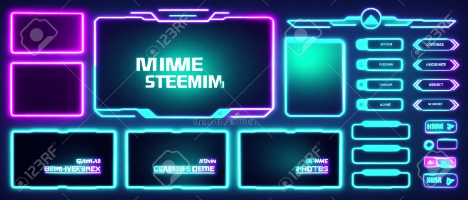 Game stream frames. Glow theme for live conference of gaming streamers, hud frame twitch streaming media gamer broadcast webcam digital box video screen, garish vector illustration
