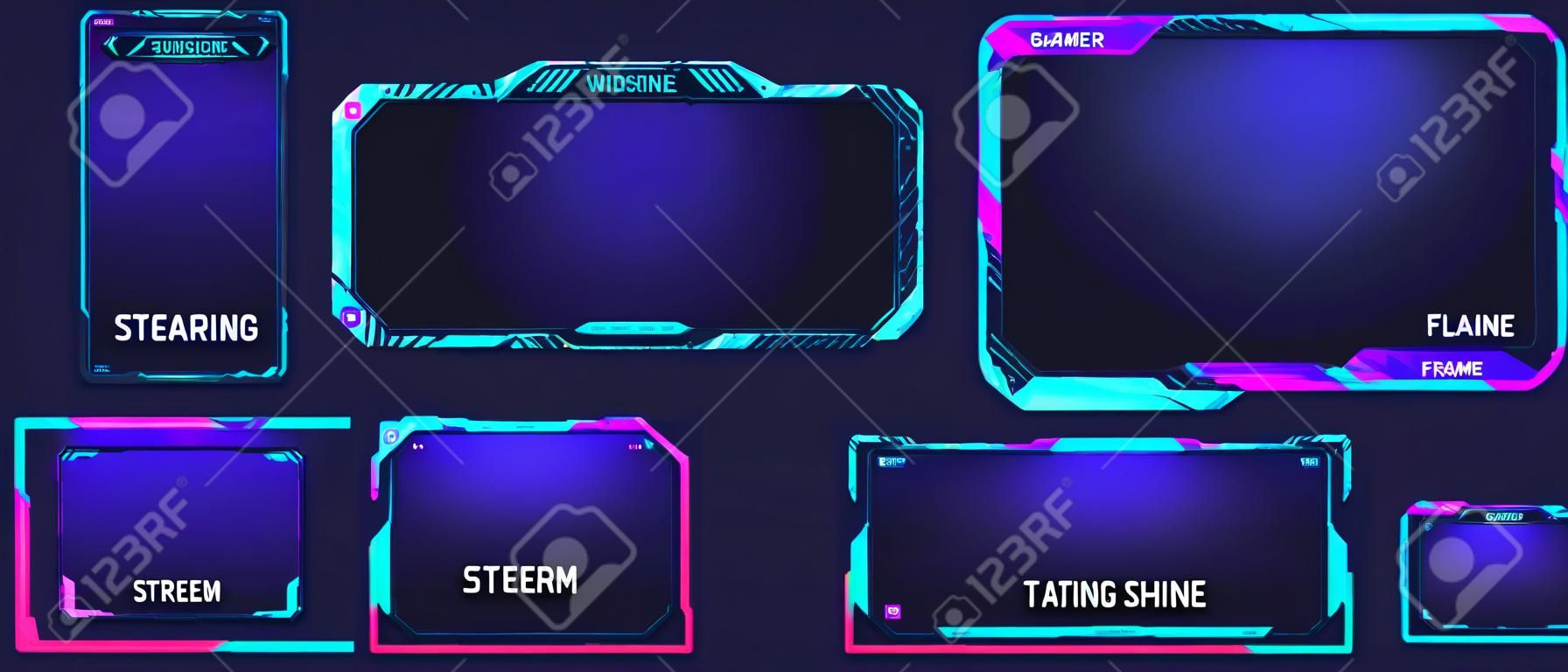 Game stream frames. Glow theme for live conference of gaming streamers, hud frame twitch streaming media gamer broadcast webcam digital box video screen, garish vector illustration