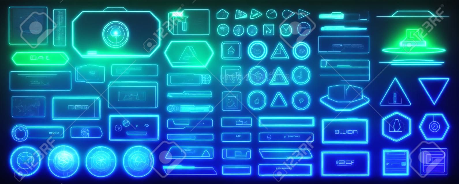 Éléments de science-fiction. élément scientifique futuriste d'écran hud, tableau de cadre d'hologramme méga tech panneau d'interface utilisateur de contrôle d'interface numérique pour moniteur de jeu cyberpunk vr, illustration vectorielle criarde