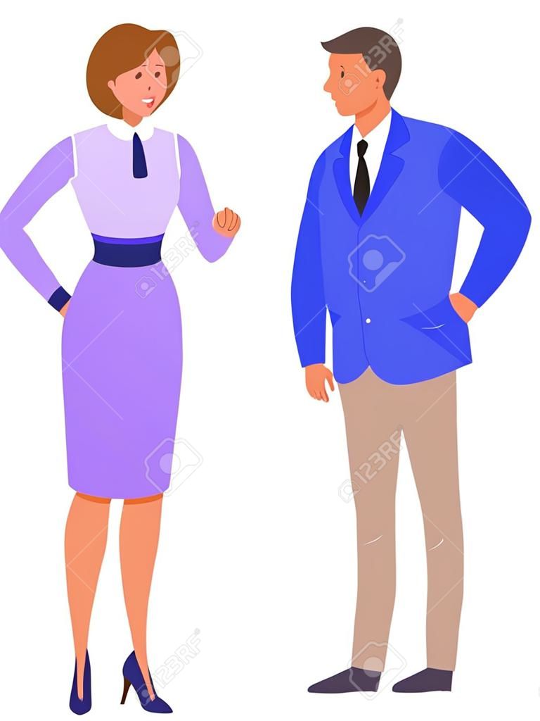 Mann und Frau in formeller Kleidung. Kollegen reden. junges Paar