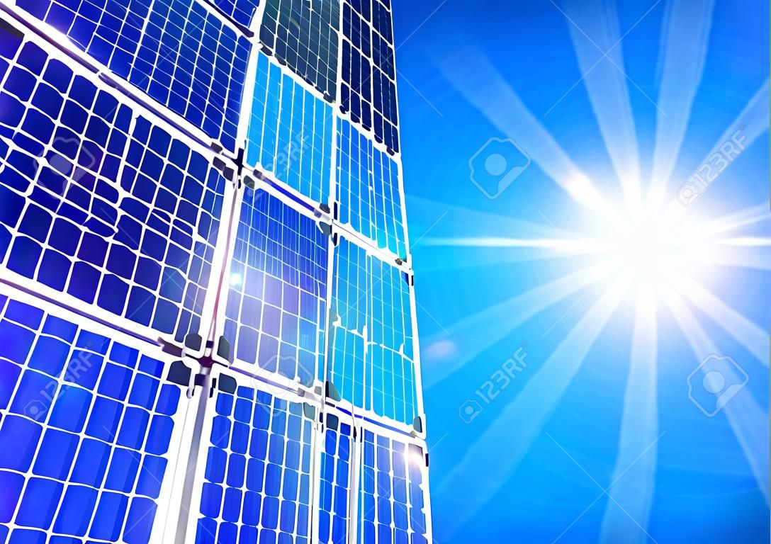 Energia solar renovável, alternativa, planta de energia solar no fundo do céu