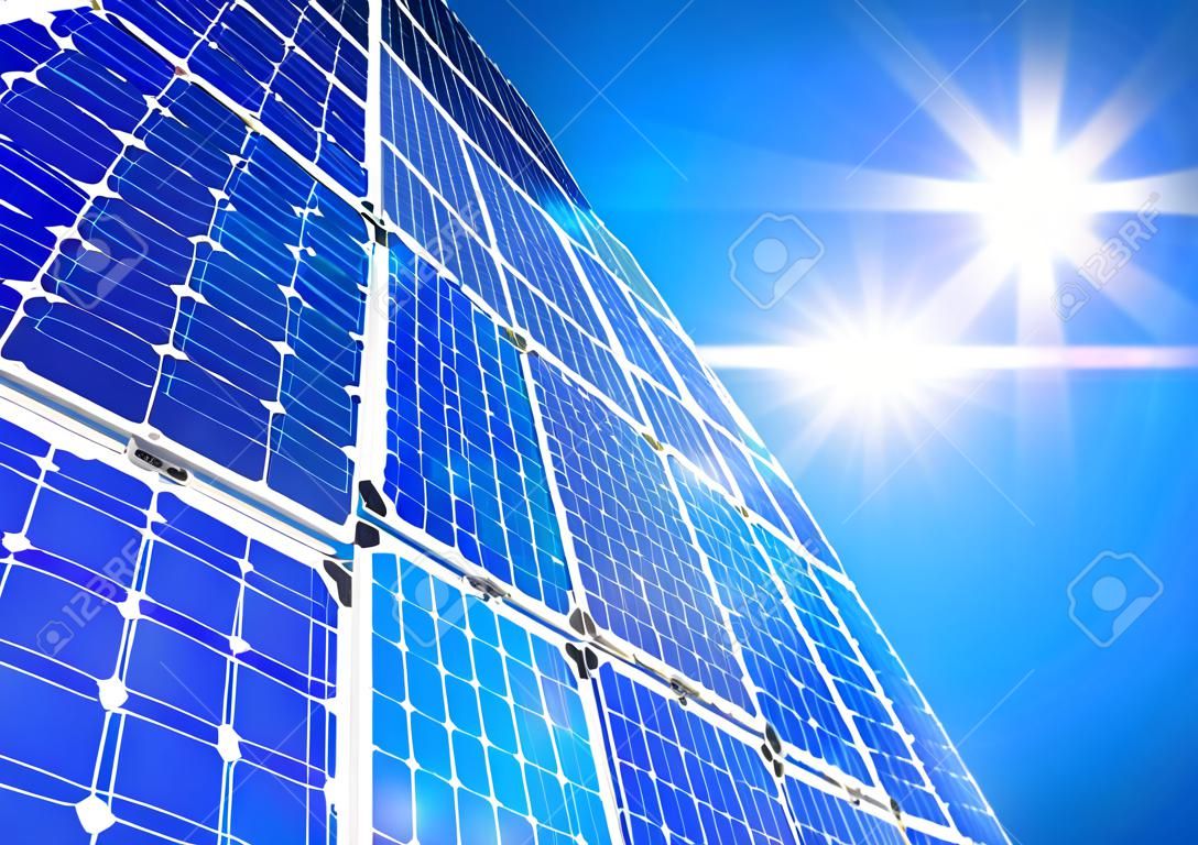 Energia solar renovável, alternativa, planta de energia solar no fundo do céu