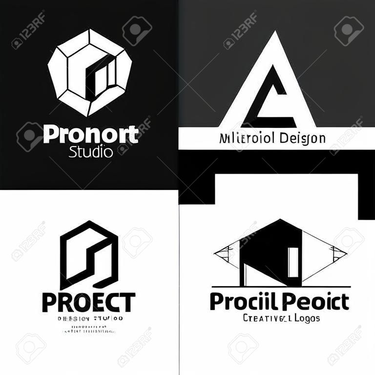 Векторный набор из четырех минималистическими студия дизайна интерьера логотипов. Черно-белые креативные логотипы