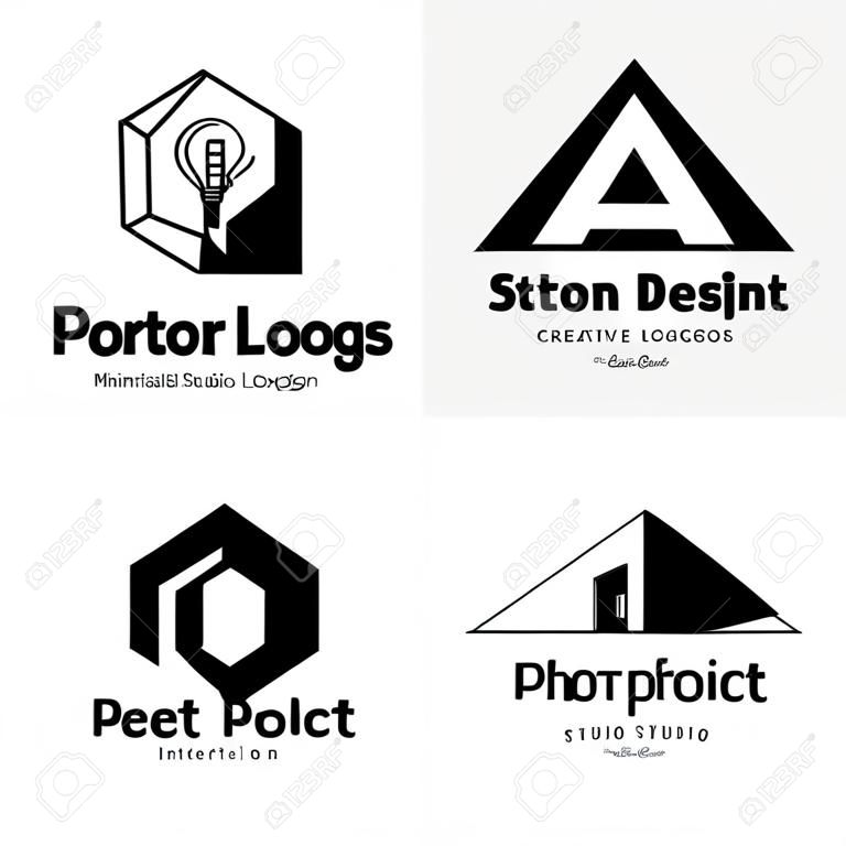 Vector set of four minimalistic interior design studio logos. Black and white creative logotypes