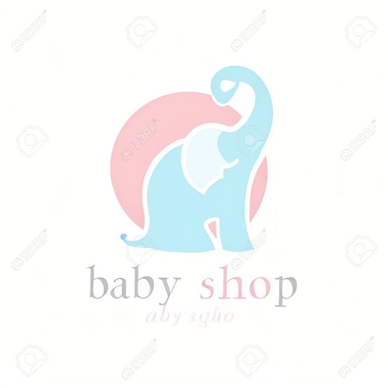 Aranyos kis elefánt logó. Gyerekjáték bolt és bébiétel tárolja kabalája szimbólumot