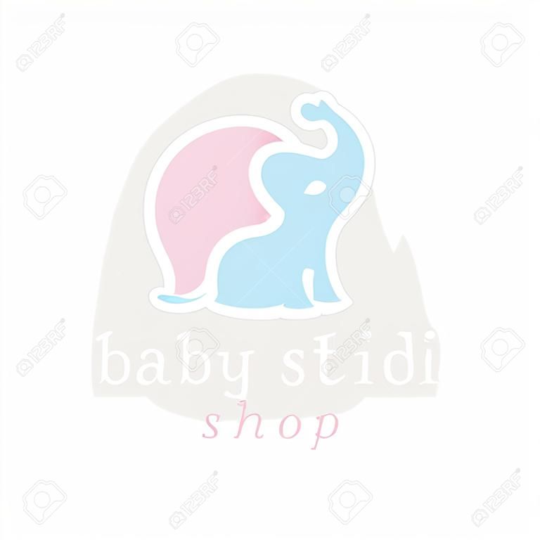 Aranyos kis elefánt logó. Gyerekjáték bolt és bébiétel tárolja kabalája szimbólumot