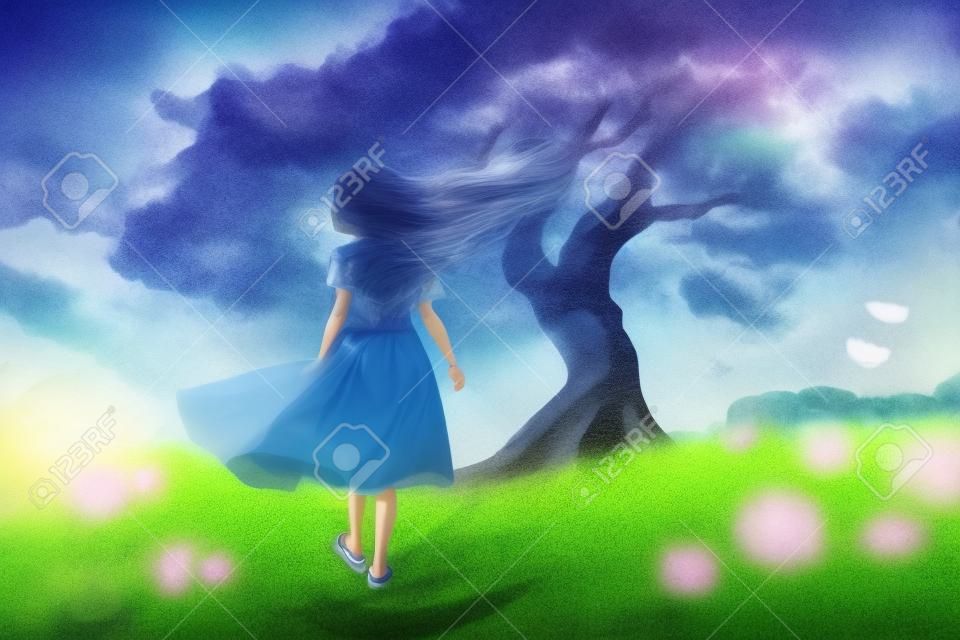 Art picture of a girl have a walk outdoors on the field with lonely tree at spring. dynamic windy scene, ai generated