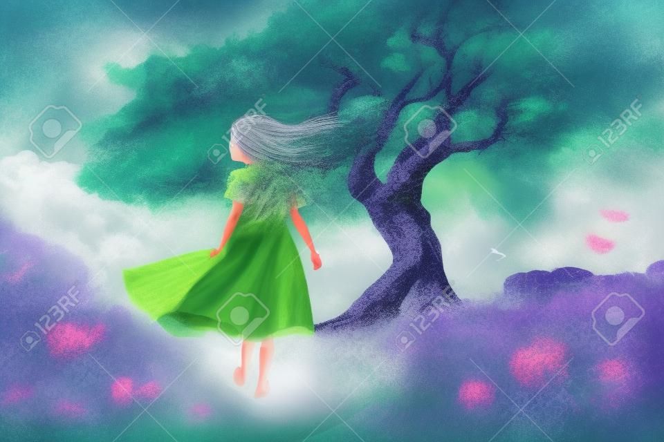 Art picture of a girl have a walk outdoors on the field with lonely tree at spring. dynamic windy scene, ai generated