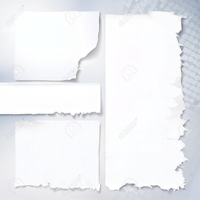 Пустые белые рваные кусочки бумаги на прозрачном фоне. Элемент дизайна разорвал листы бумаги. Набор векторных иллюстраций