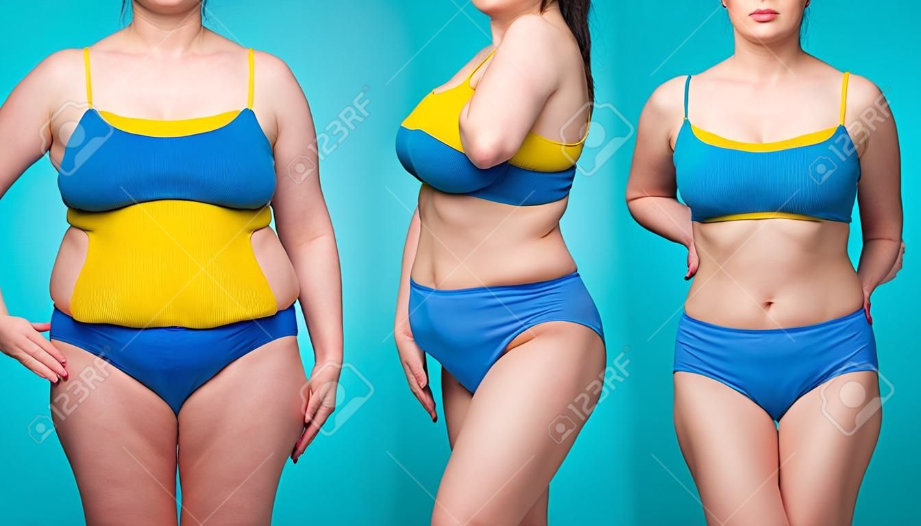 Woman's body before and after weight loss on blue background, plastic surgery concept