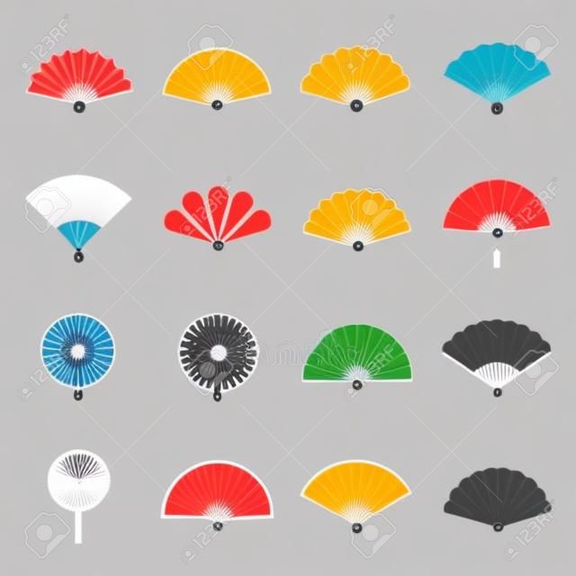 Hand fan icons. Collection of handheld icons isolated on a white background. Icons of folding and rigid fans. Vector illustration