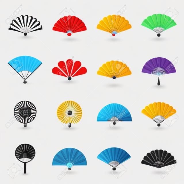 Hand fan icons. Collection of handheld icons isolated on a white background. Icons of folding and rigid fans. Vector illustration