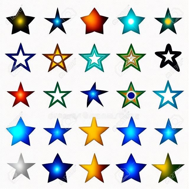 Gwiazdkowe ikony. Zestaw różnych symboli gwiazd na białym tle na białym tle. Ilustracja wektorowa