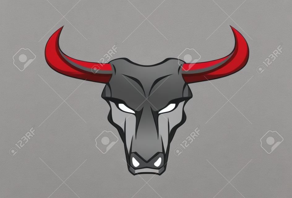 Vista frontal del toro mirando con el cuerno negro Adecuado para la mascota, símbolo, emblema de las insignias, la identidad de la comunidad, el equipo de deporte, ejemplo para la ropa, etc