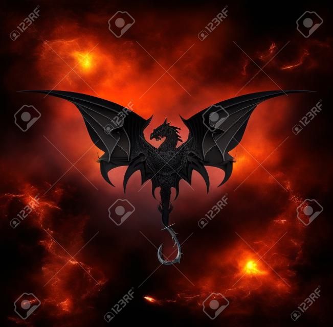 Черный Дракон, Дракон, распространяя свое крыло. Элегантный черный дракон с изгибающим хвостом, символизирующий власть, защита, достоинство, мудрость и т.д. Подходит для значка команды, идентичности сообщества, и т.д.