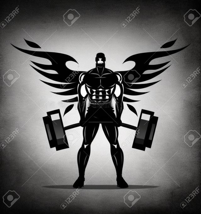 Winged Body builder. Full body Silhouette of Bodybuilder fitness model illustration, Power strength man icon suitable for fitness club, gym, Sport Fitness club creative concept. Fighter. Fighting Club