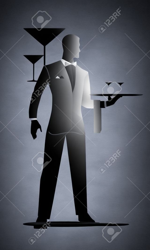 Waiter. full body silhouette of standing waiter holds a tray.