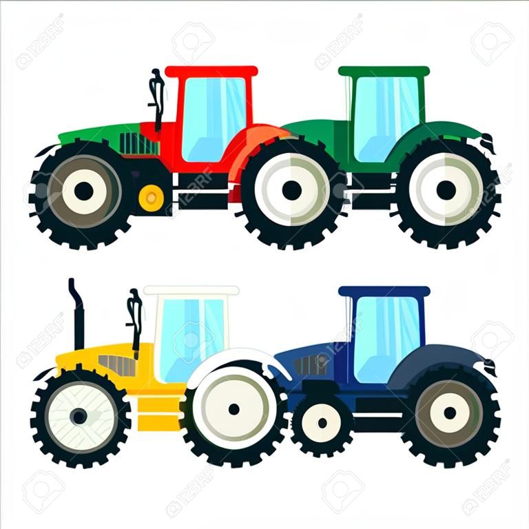 在白色背景上的彩色拖拉機。拖拉機平面風格。農用拖拉機農用車和農機。拖拉機插圖 - 經營理念。農業機械。