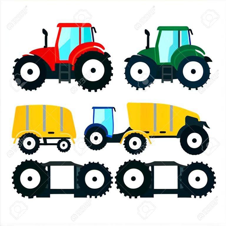 在白色背景上的彩色拖拉機。拖拉機平面風格。農用拖拉機農用車和農機。拖拉機插圖 - 經營理念。農業機械。