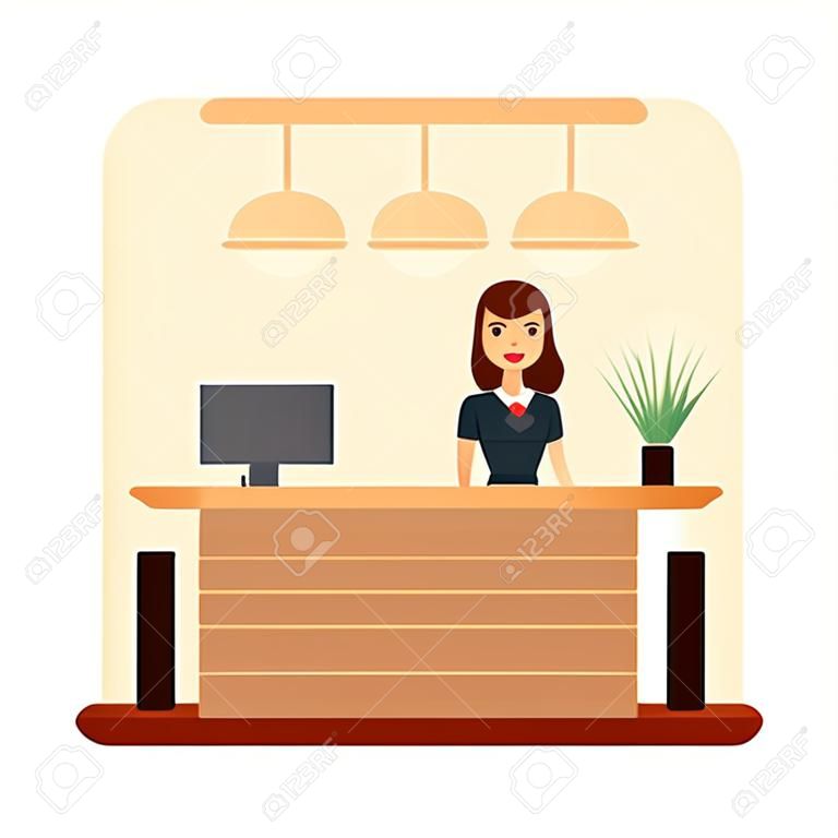 Flat hotel reception desk with young woman receptionist. Girl manager standing, business office concept. Welcome registration stock vector illustration.