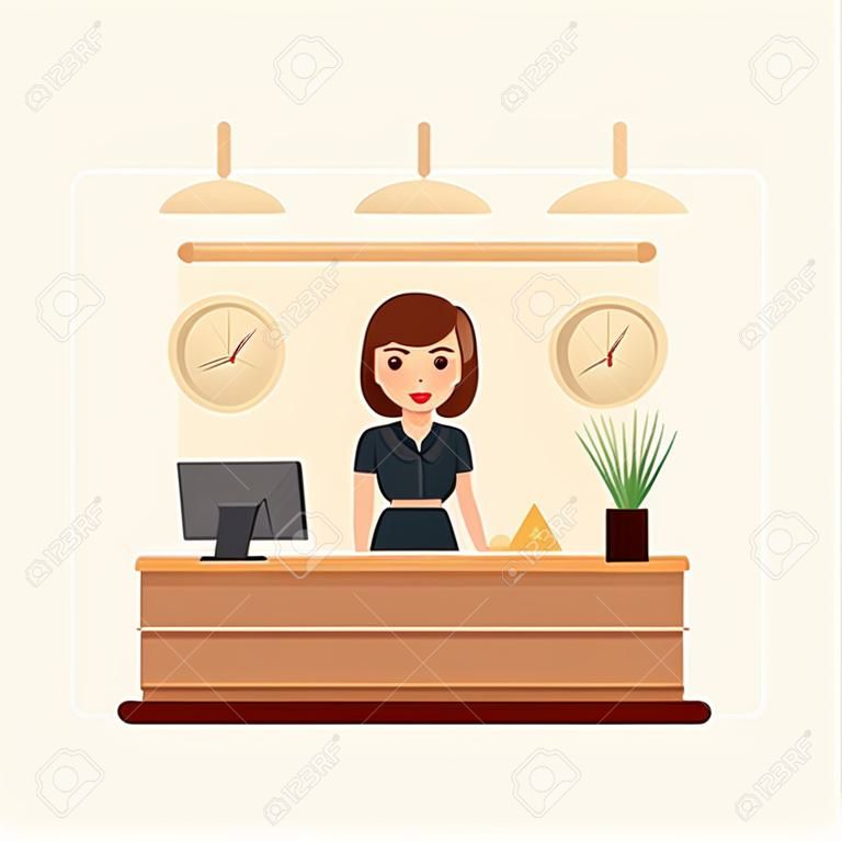 Flat hotel reception desk with young woman receptionist. Girl manager standing, business office concept. Welcome registration stock vector illustration.