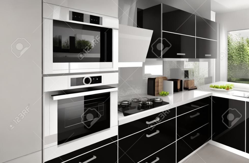 Moderno luxo hi-tek preto e branco interior da cozinha, design limpo