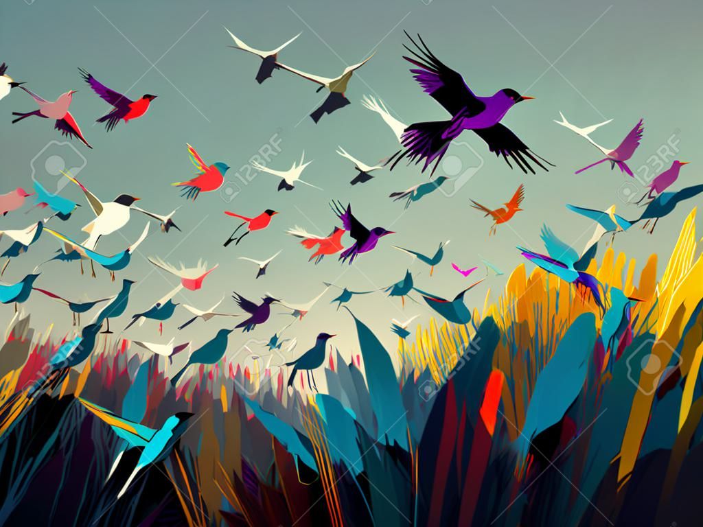A painting of birds flying in the sky. AI generative image.